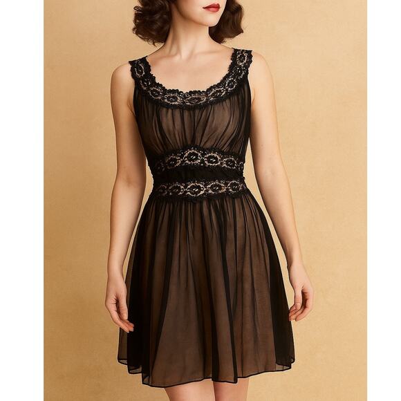 Vintage Vanity Fair Black Lace Chiffon Illusion Nightgown Lingerie L/XL - Picture 1 of 7